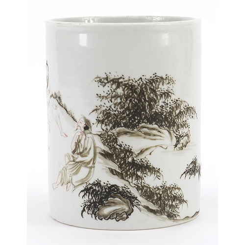 56 - Chinese porcelain en grisaille brush pot hand painted with figures in a landscape, 13.5cm high