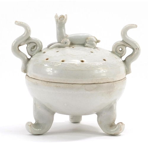 301 - Chinese porcelain tripod censer and cover with twin handles and animal knop having a celadon glaze, ... 