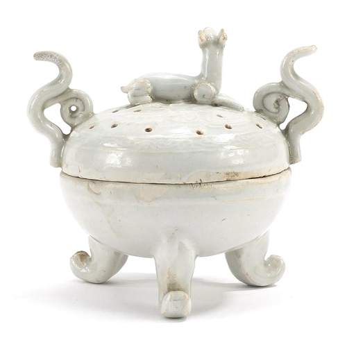 301 - Chinese porcelain tripod censer and cover with twin handles and animal knop having a celadon glaze, ... 