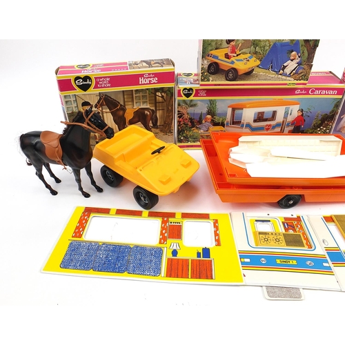 1491 - Vintage Sindy by Pedigree with boxes comprising caravan, four poster bed, camping buggy, foldaway te... 