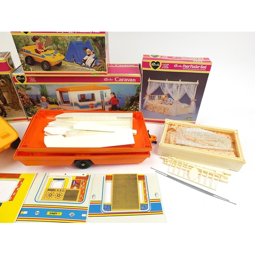 1491 - Vintage Sindy by Pedigree with boxes comprising caravan, four poster bed, camping buggy, foldaway te... 