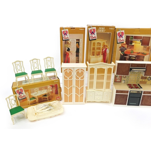 1492 - Vintage Sindy by Pedigree including china cabinet, settee, cooker unit and washing machine