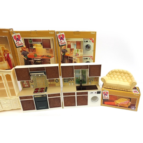 1492 - Vintage Sindy by Pedigree including china cabinet, settee, cooker unit and washing machine