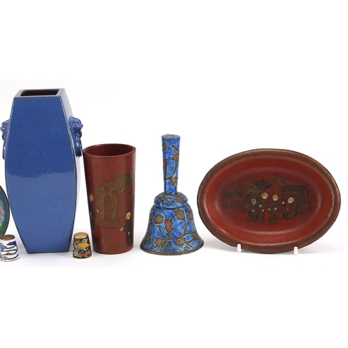 1267 - Oriental porcelain and objects including a square section vase with animalia ring turned handles, co... 