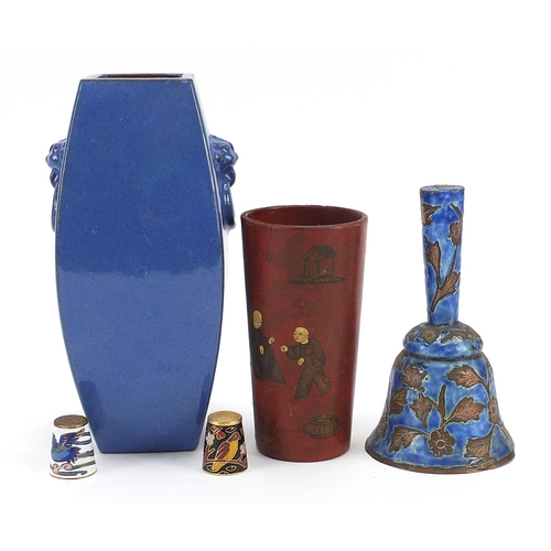 1267 - Oriental porcelain and objects including a square section vase with animalia ring turned handles, co... 