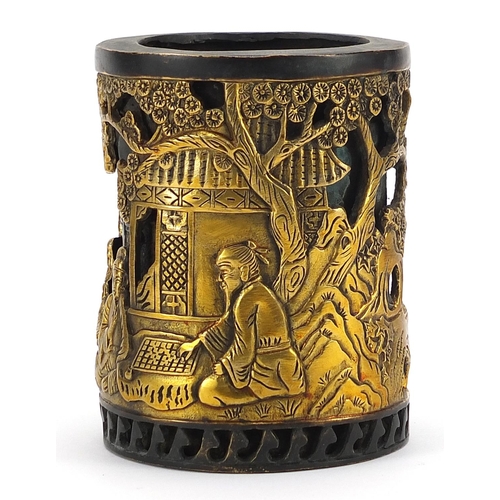 259 - Chinese partially gilt patinated bronze brush pot decorated in relief with figures in a landscape, c... 