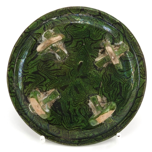 1225 - Chinese pottery four footed incense burner, 10.5cm in diameter