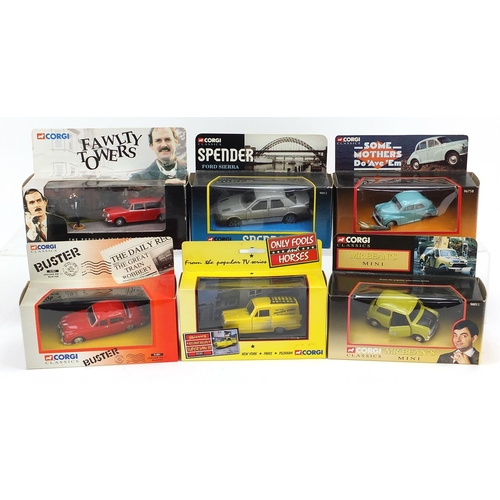 1454 - Six Corgi diecast vehicles with boxes including Mr Bean's Mini, Only Fools and Horses, Fawlty Towers... 