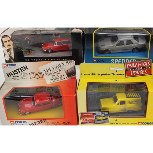 1454 - Six Corgi diecast vehicles with boxes including Mr Bean's Mini, Only Fools and Horses, Fawlty Towers... 