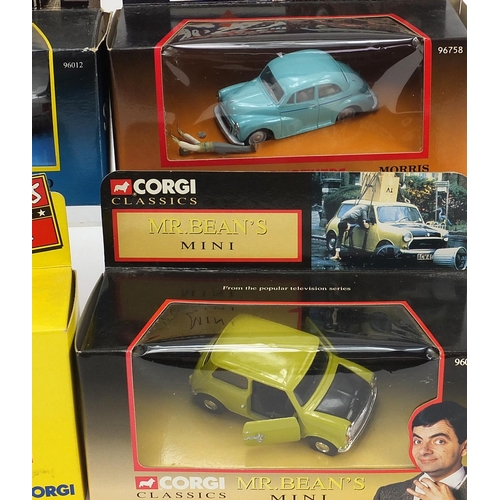 1454 - Six Corgi diecast vehicles with boxes including Mr Bean's Mini, Only Fools and Horses, Fawlty Towers... 