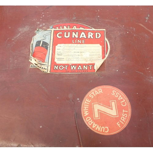 1154 - Two vintage brown leather suitcases with Cunard White Line shipping labels, the largest 71cm wide