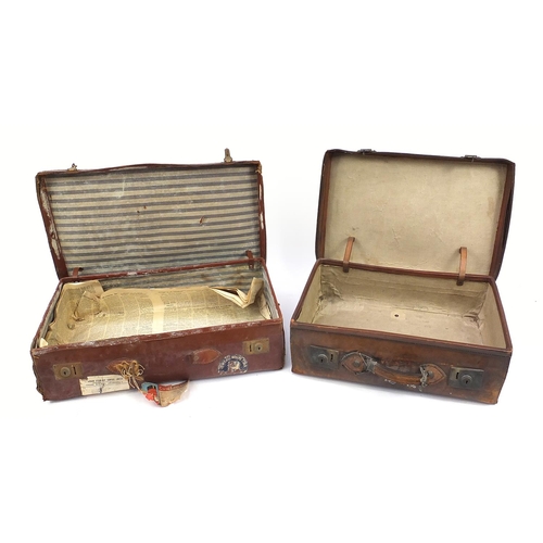 1154 - Two vintage brown leather suitcases with Cunard White Line shipping labels, the largest 71cm wide