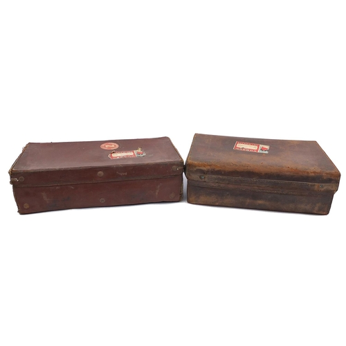 1154 - Two vintage brown leather suitcases with Cunard White Line shipping labels, the largest 71cm wide