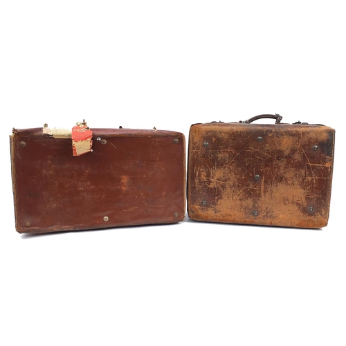 1154 - Two vintage brown leather suitcases with Cunard White Line shipping labels, the largest 71cm wide