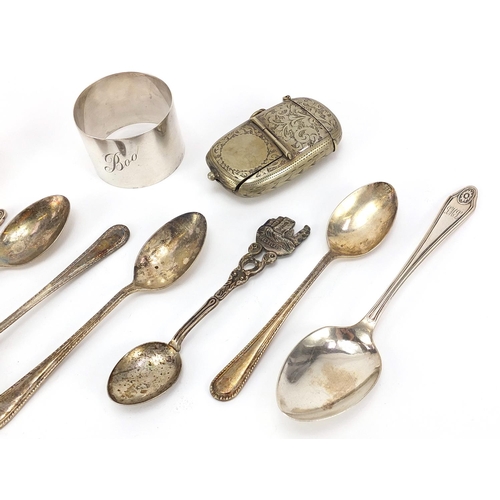 2246 - Georgian and later silver spoons and a fork, circular silver napkin ring and a silver plated combina... 