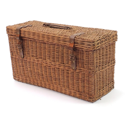 934 - Vintage Coracle wicker picnic hamper with contents, 31cm H x 57cm W x 25cm D