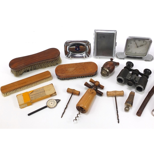 1233 - Antique and later objects including corkscrews, Art Deco style alarm clock, pipes and ashtrays