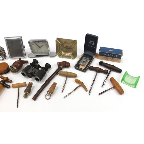 1233 - Antique and later objects including corkscrews, Art Deco style alarm clock, pipes and ashtrays