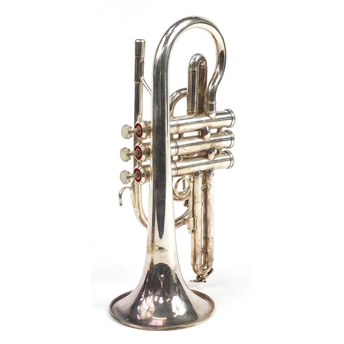 402 - Silver plated Lark M4045 Cornet with protective case, 34cm in length