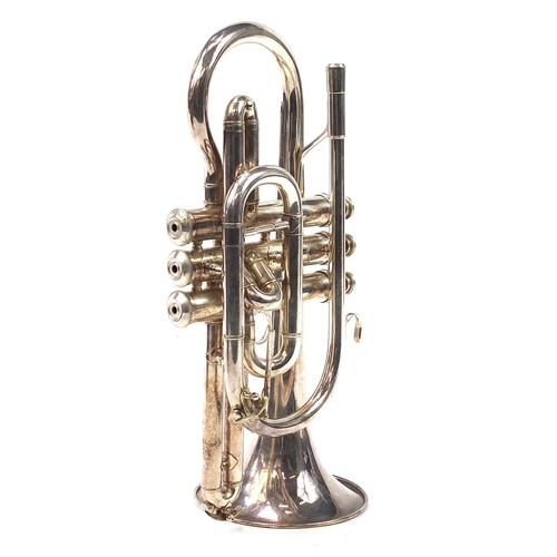 402 - Silver plated Lark M4045 Cornet with protective case, 34cm in length