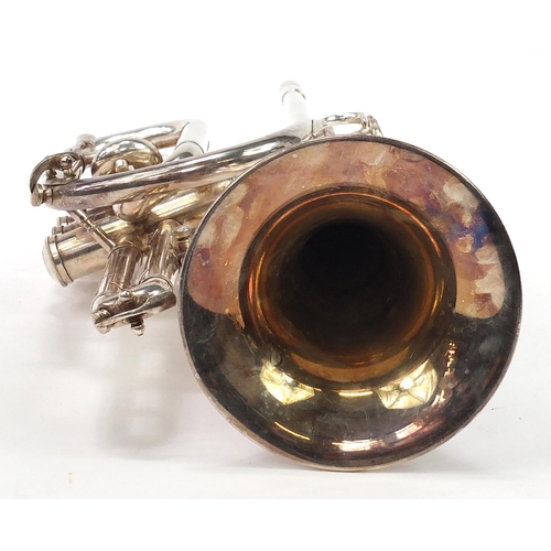 402 - Silver plated Lark M4045 Cornet with protective case, 34cm in length