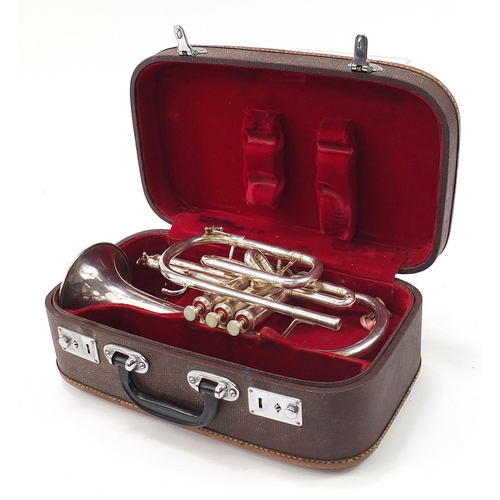 402 - Silver plated Lark M4045 Cornet with protective case, 34cm in length