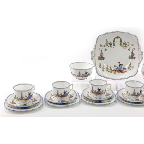 552 - Royal Albert Dainty Dinah six place tea service with milk jug, sugar bowl and cake plate, the larges... 