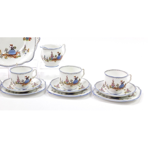 552 - Royal Albert Dainty Dinah six place tea service with milk jug, sugar bowl and cake plate, the larges... 