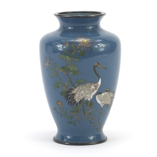 24 - Japanese silver mounted cloisonne vase decorated with cranes and flowers, 12cm high