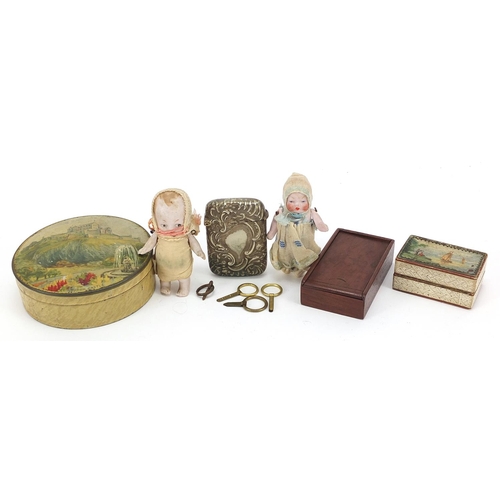 283 - Objects including two miniature bisque articulated dolls, McVitie & Price biscuit tin and silver pla... 