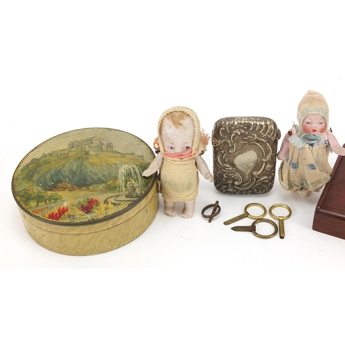 283 - Objects including two miniature bisque articulated dolls, McVitie & Price biscuit tin and silver pla... 