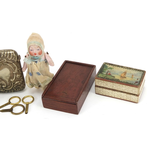 283 - Objects including two miniature bisque articulated dolls, McVitie & Price biscuit tin and silver pla... 