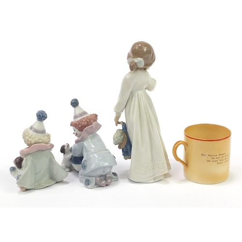 575 - Collectable china comprising two Lladro clowns, Nao Bedtime figurine, Silly Nursery Rhyme cup and Cr... 