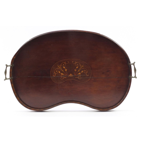 1296 - Edwardian inlaid mahogany kidney shaped tray with brass handles, 63cm wide