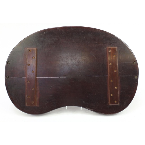 1296 - Edwardian inlaid mahogany kidney shaped tray with brass handles, 63cm wide