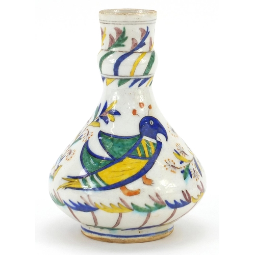 169 - Turkish Kutahya pottery vase hand painted with birds and flowers, 18cm high