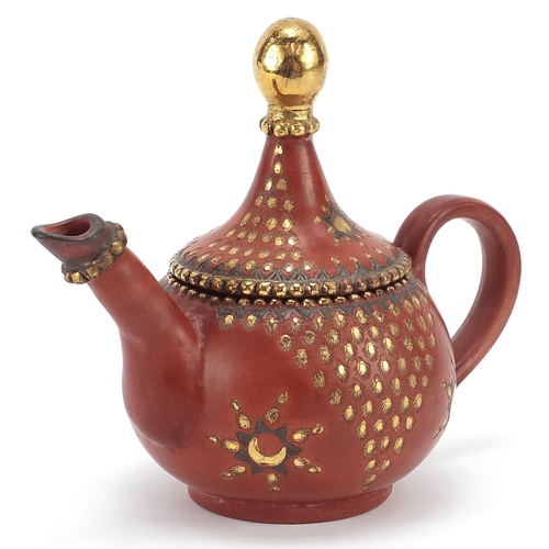 172 - Turkish Tophane terracotta coffee pot with gilt decoration, 18.5cm high