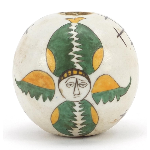 66 - Turkish Kutahya pottery hanging ball hand painted with faces, 10cm high