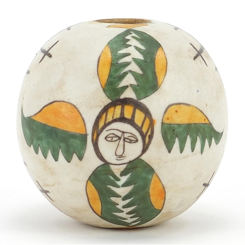 66 - Turkish Kutahya pottery hanging ball hand painted with faces, 10cm high