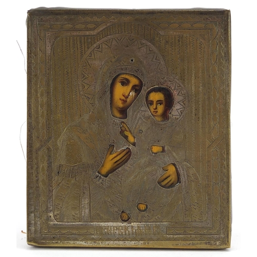 129 - Russian hand painted Orthodox icon depicting Madonna and child, 13.5cm x 11.5cm