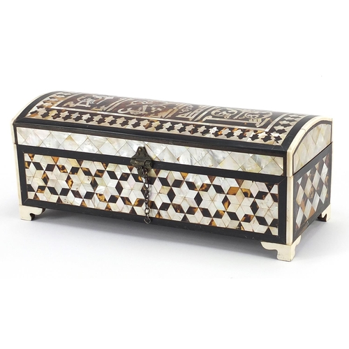 174 - Turkish Islamic mother of pearl and tortoiseshell pen box, 11cm H x 32cm W x 12cm D