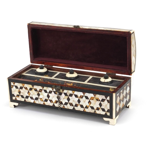 174 - Turkish Islamic mother of pearl and tortoiseshell pen box, 11cm H x 32cm W x 12cm D