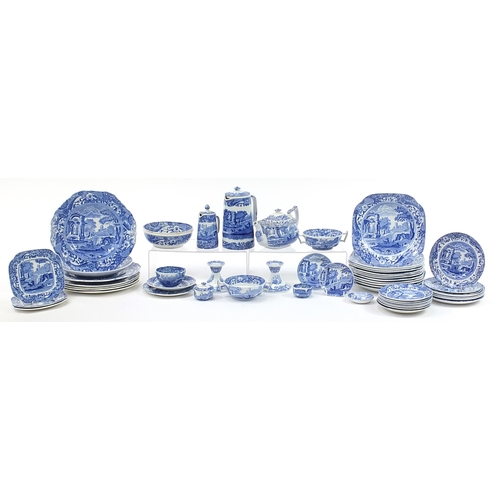 556 - Copeland Spode Italian pattern dinner and teaware including teapot, plates and pair of candlesticks,... 