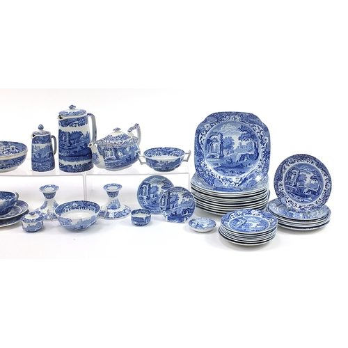 556 - Copeland Spode Italian pattern dinner and teaware including teapot, plates and pair of candlesticks,... 