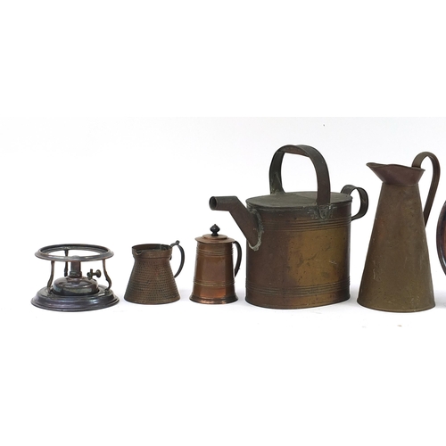 1301 - Victorian and later copper including watering can, kettle & stand and circular tray retailed by Pica... 