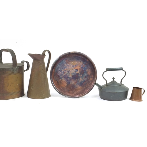 1301 - Victorian and later copper including watering can, kettle & stand and circular tray retailed by Pica... 