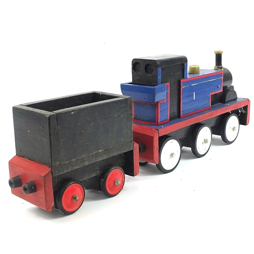 1084 - Hand built wooden model of Thomas the Tank engine, overall 90cm in length