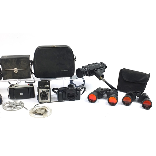 1096 - Vintage and later cameras, lenses and binoculars including Breaker 7X50, Halina 20 x 50, Tasco and C... 