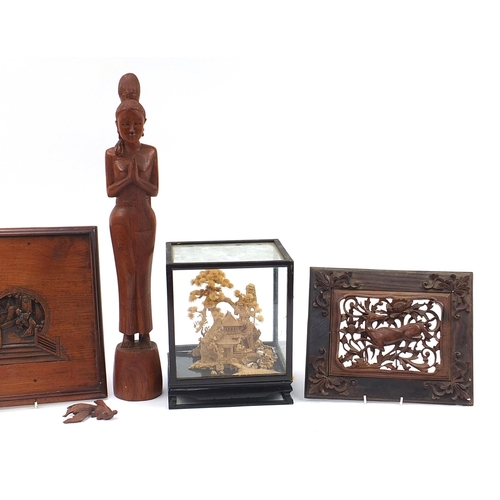 1115 - Asian sundry items including cork dioramas and Chinese koi carp, the largest 64cm high