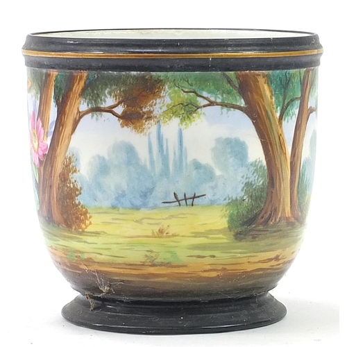 799 - Continental porcelain jardiniere hand painted with a bird of paradise amongst flowers, 19.5cm high